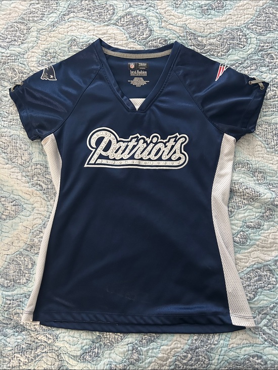 NFL Tops - NFL Patriots Women's Navy and White Jersey Top